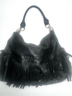 B. Makowsky Andalusia Fringe Hobo Bag Purse Genuine Black Pebbled Leather, Boho